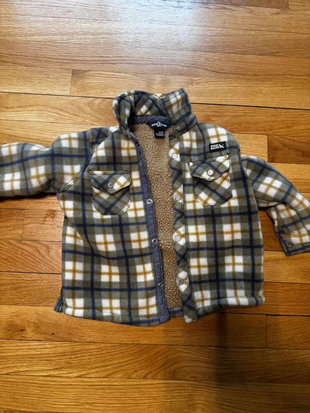 Eddie Bauer 24m Plaid Fleece Jacket in Olive, Navy & Cream w/ Sherpa lining EUC